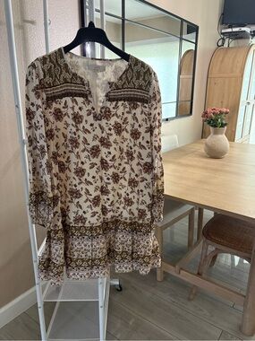 LOFT Cream Dress with Brown & Olive Floral Print